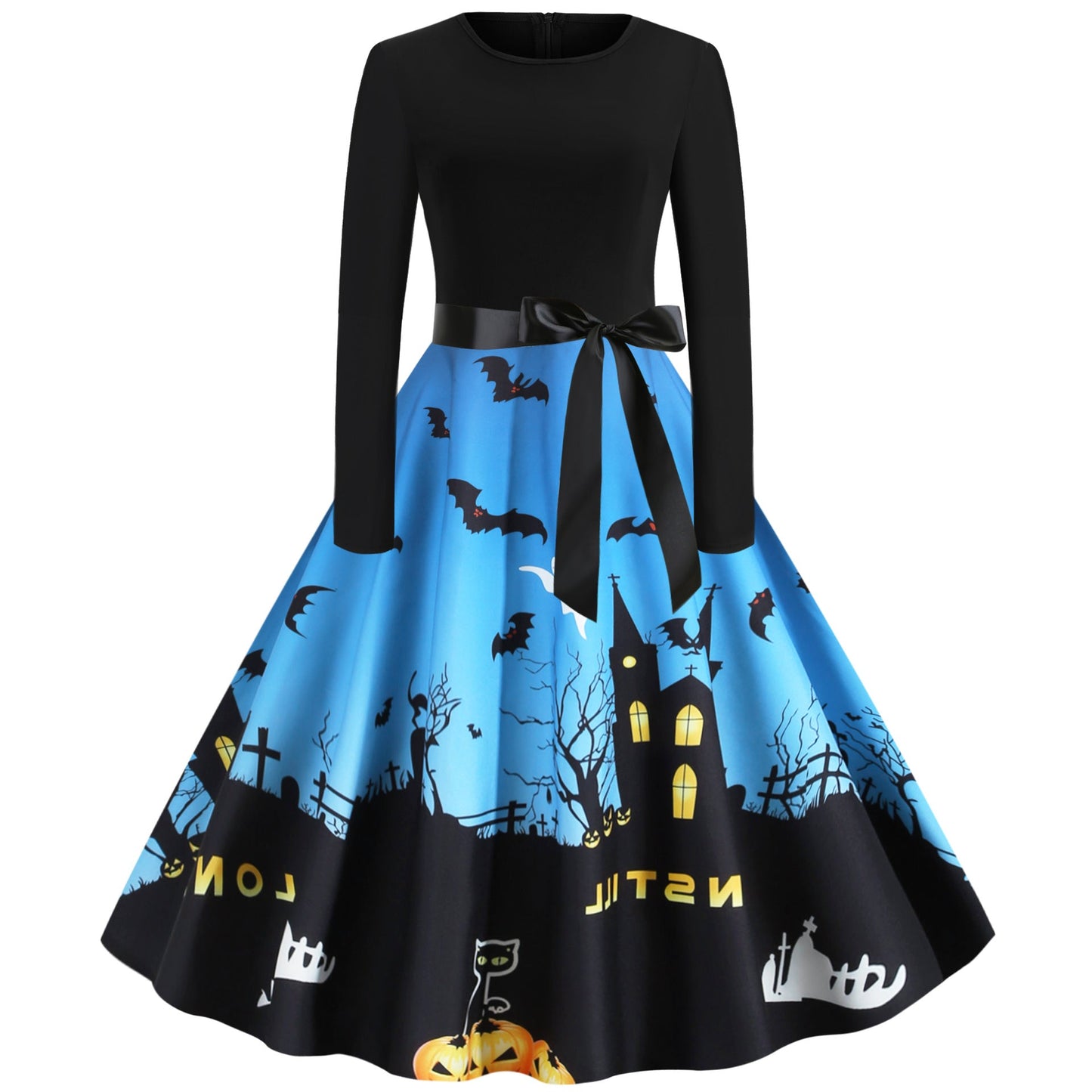 Halloween Vintage Women Long Sleeves Winter Dresses-Vintage Dresses-Blue-S-Free Shipping at meselling99