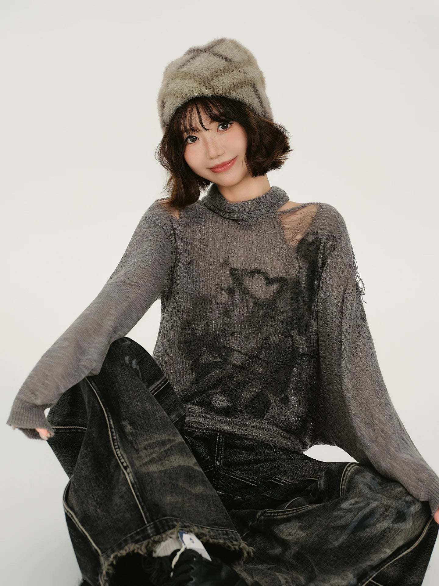 Girlyhalo Retro Baddie Print Distressed Long Sleeve Sweater