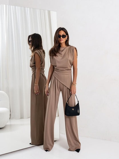 Summer Fashion Solid Color Asymmetrical Short Sleeve Set