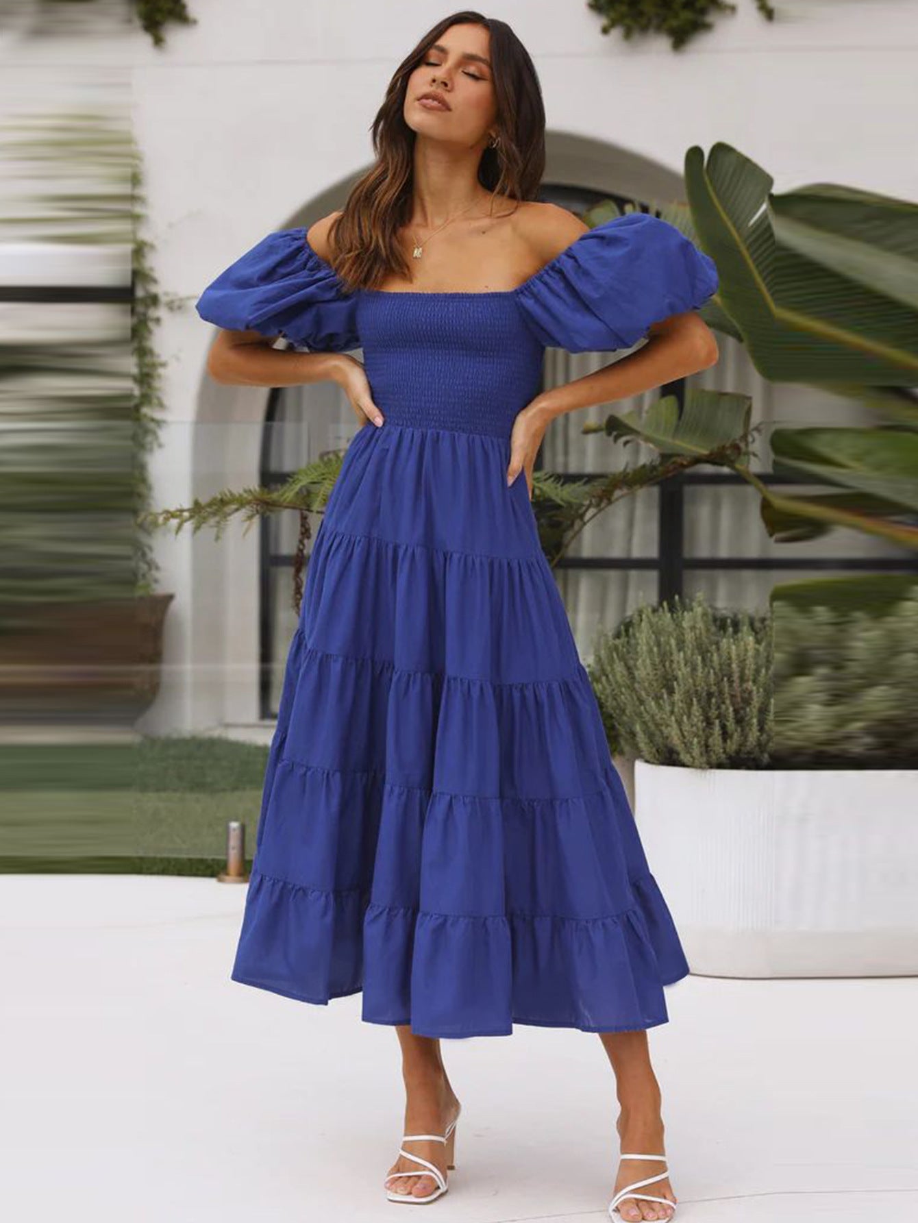 Spring Summer Off-Shoulder Floral Print Puff Sleeve Dress