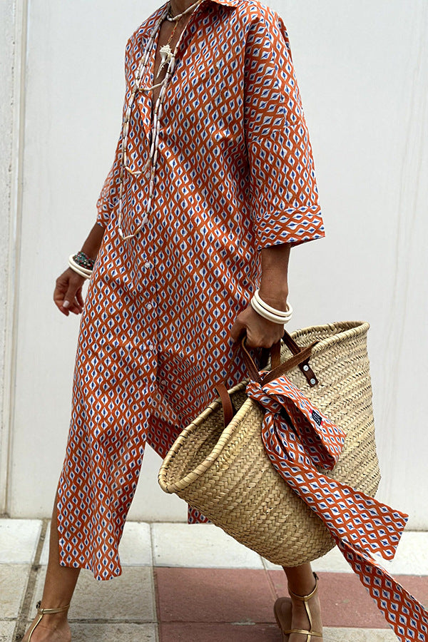 Women's half Sleeve Striped Button-Down Shirt Dress with Lapel Collar