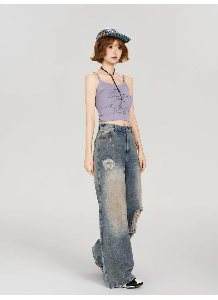 Girlyhalo Women's Retro Washed Distressed Straight-Leg Jeans-S-Blue-Free Shipping Leatheretro