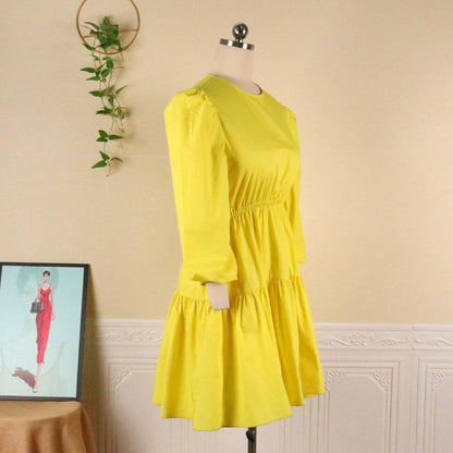 Yellow Women Ruffled Plus Sizes Short Dresses-Casual Dresses-Free Shipping at meselling99
