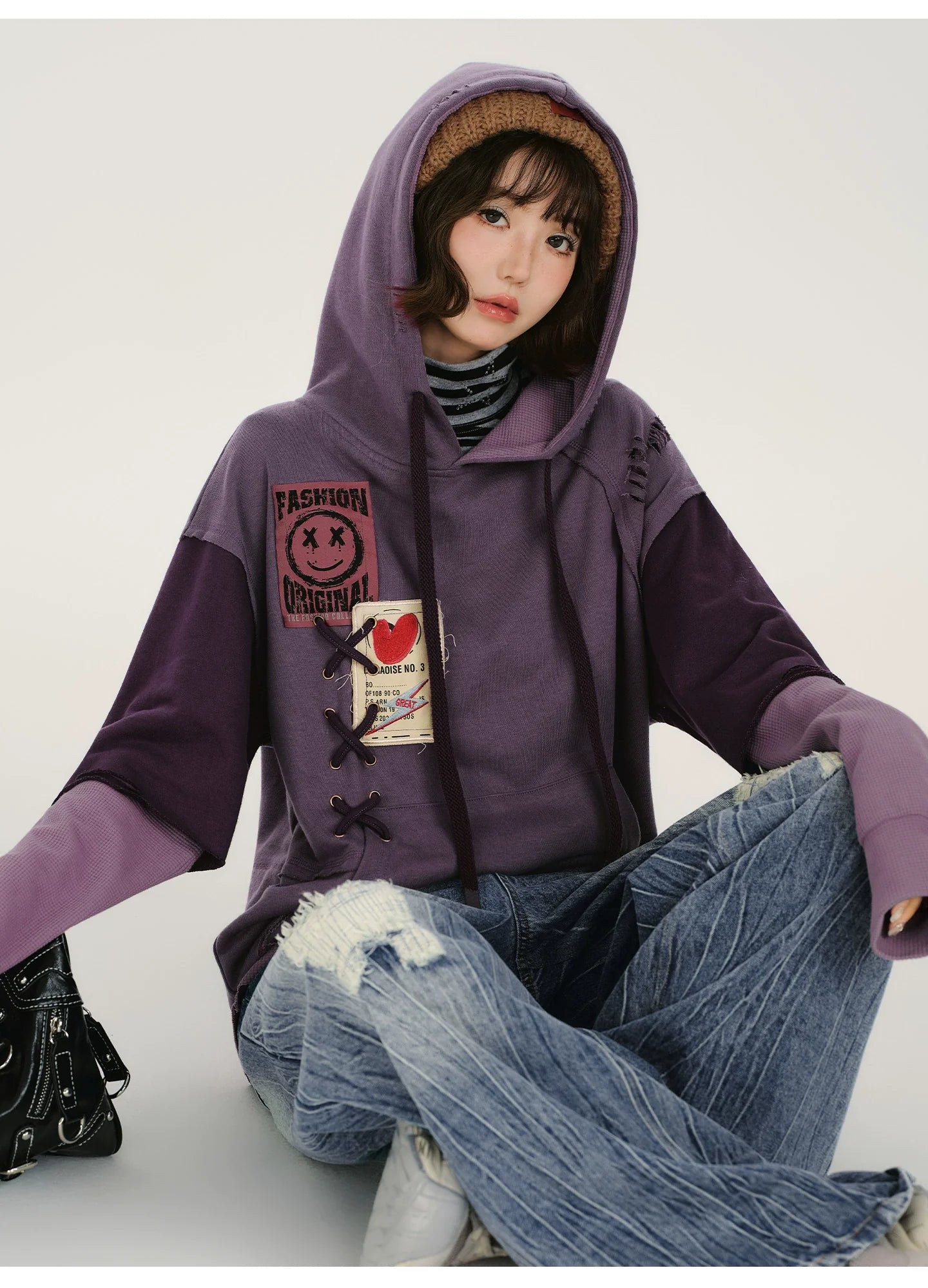 Retro Distressed Design Fake Two-Piece Hooded Sweatshirt