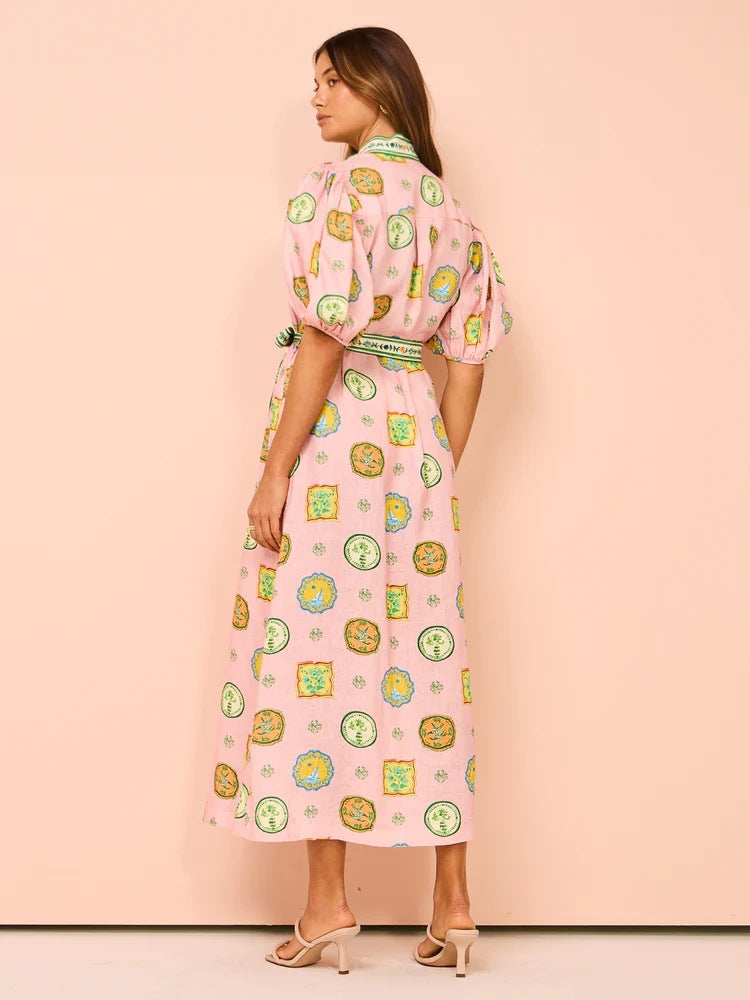 Stylish Linen Dress with Graffiti Print and Lantern Sleeves