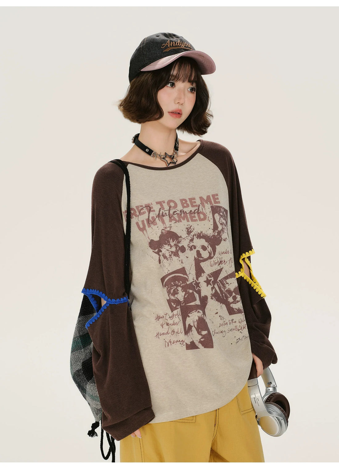 Girlyhalo Retro Print Color-Block Long Sleeve T-Shirt
