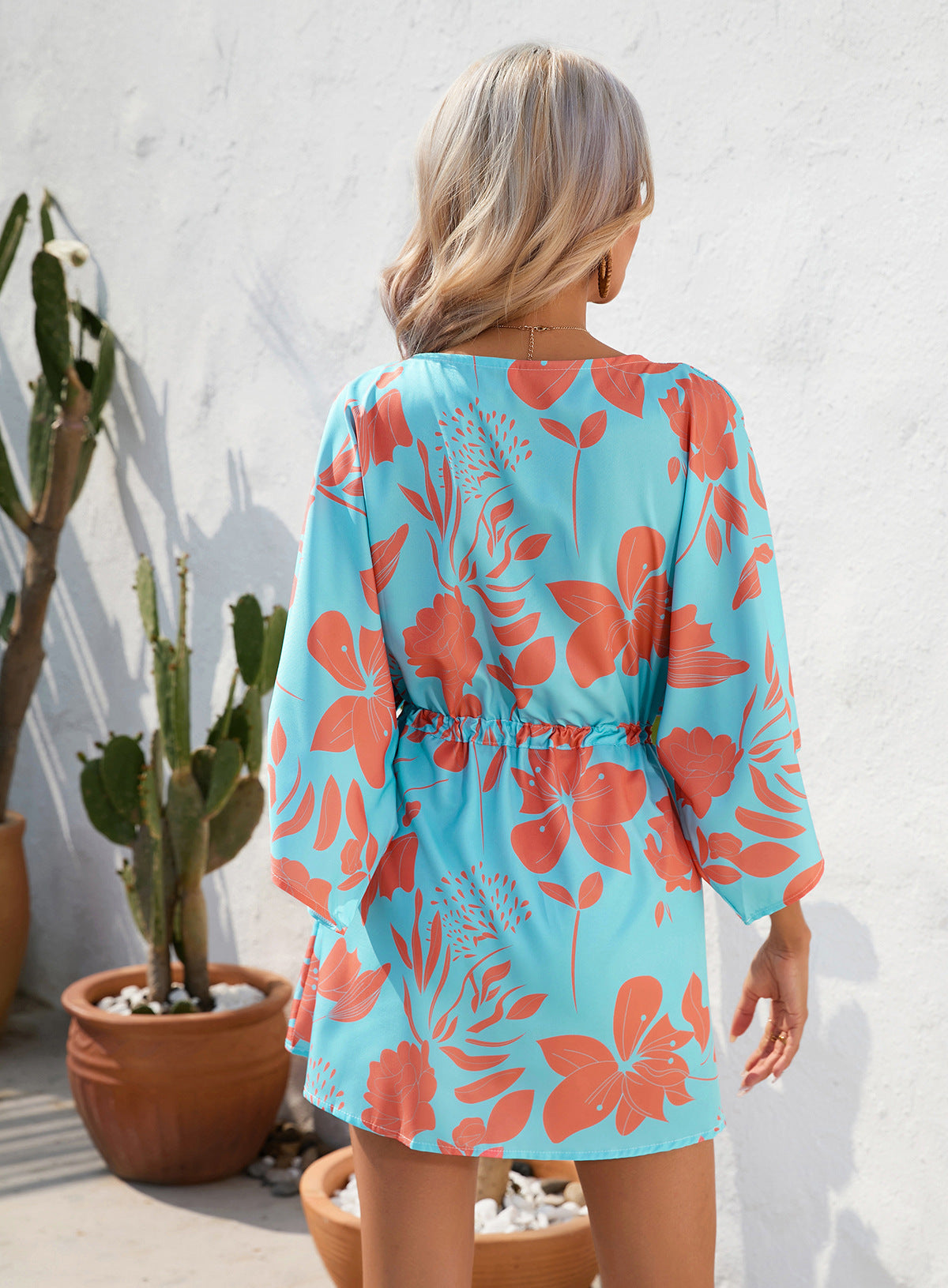 Women's Summer Leaf Print Short Sleeve Short Mini Dress