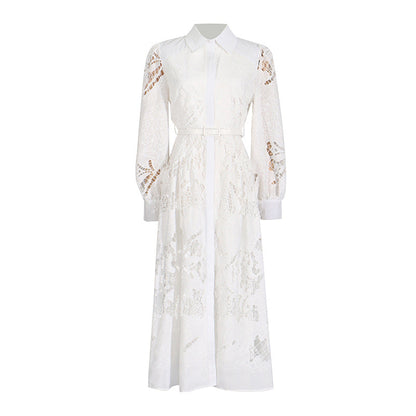 Vintage Collar Long Lantern Sleeve Mid-Length Embroidery Lace Solid Color Dress