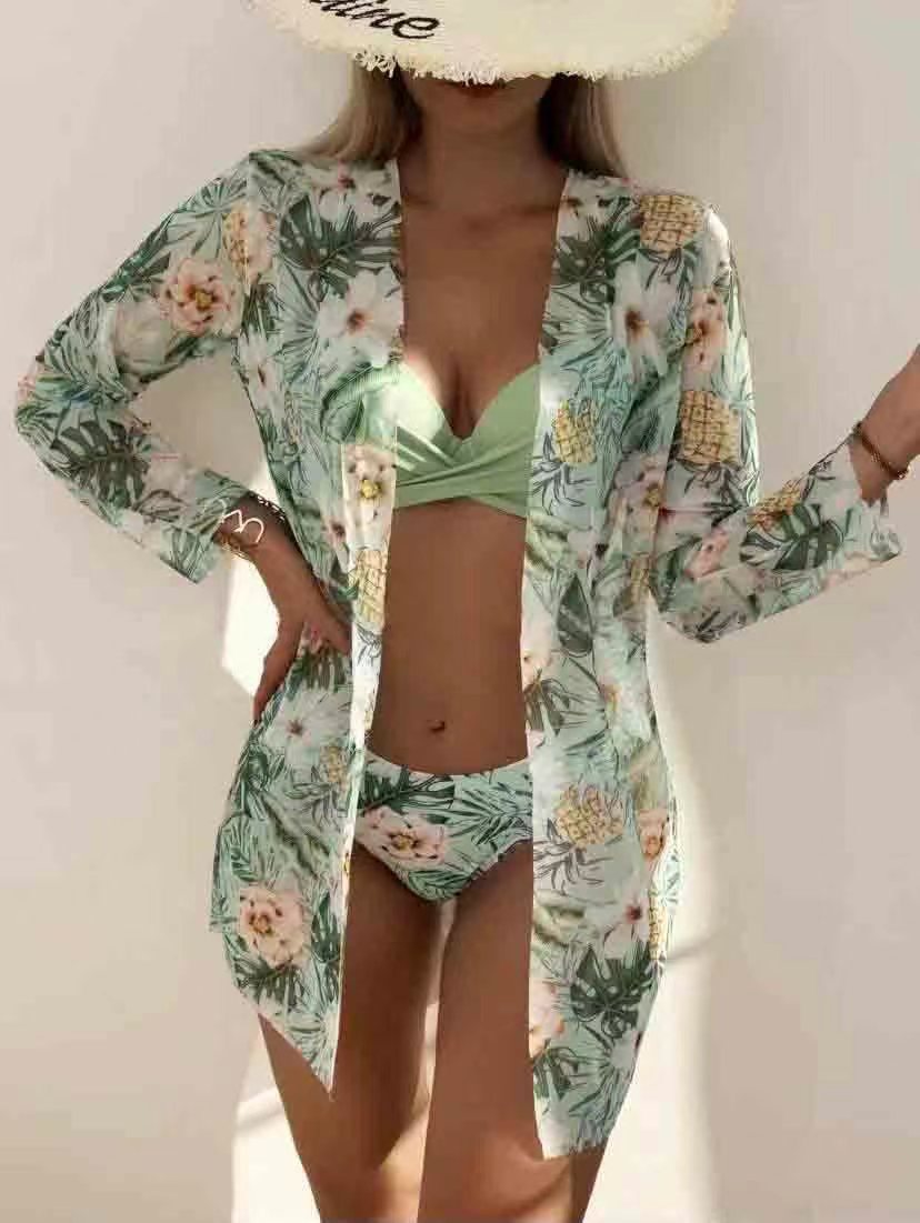 Women's 3-Piece Mesh Long Sleeve Cover-Up – Beach Bikini Set