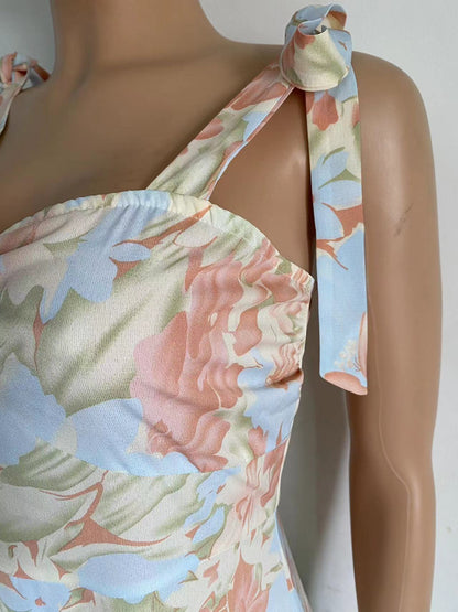 Summer Floral Print V-Neck Wrap Waist Midi Dres