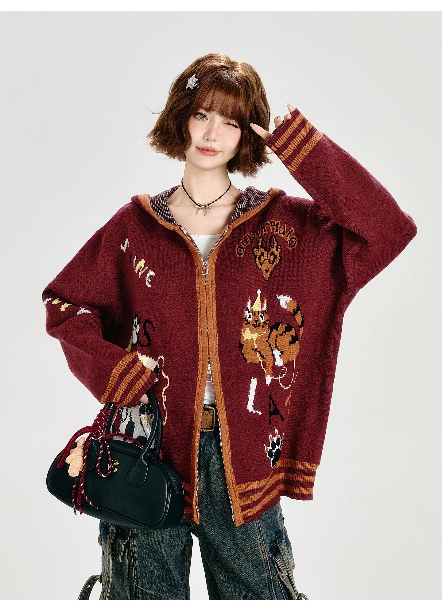 Girlyhalo Oversized Hooded Cardigan-Red-S-Free Shipping Leatheretro