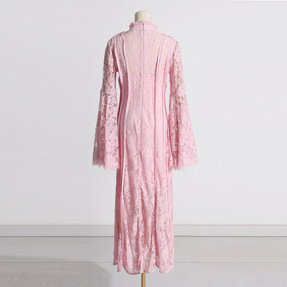 Retro Elegant Summer Lace Embroidered High-Waist Pleated Dress