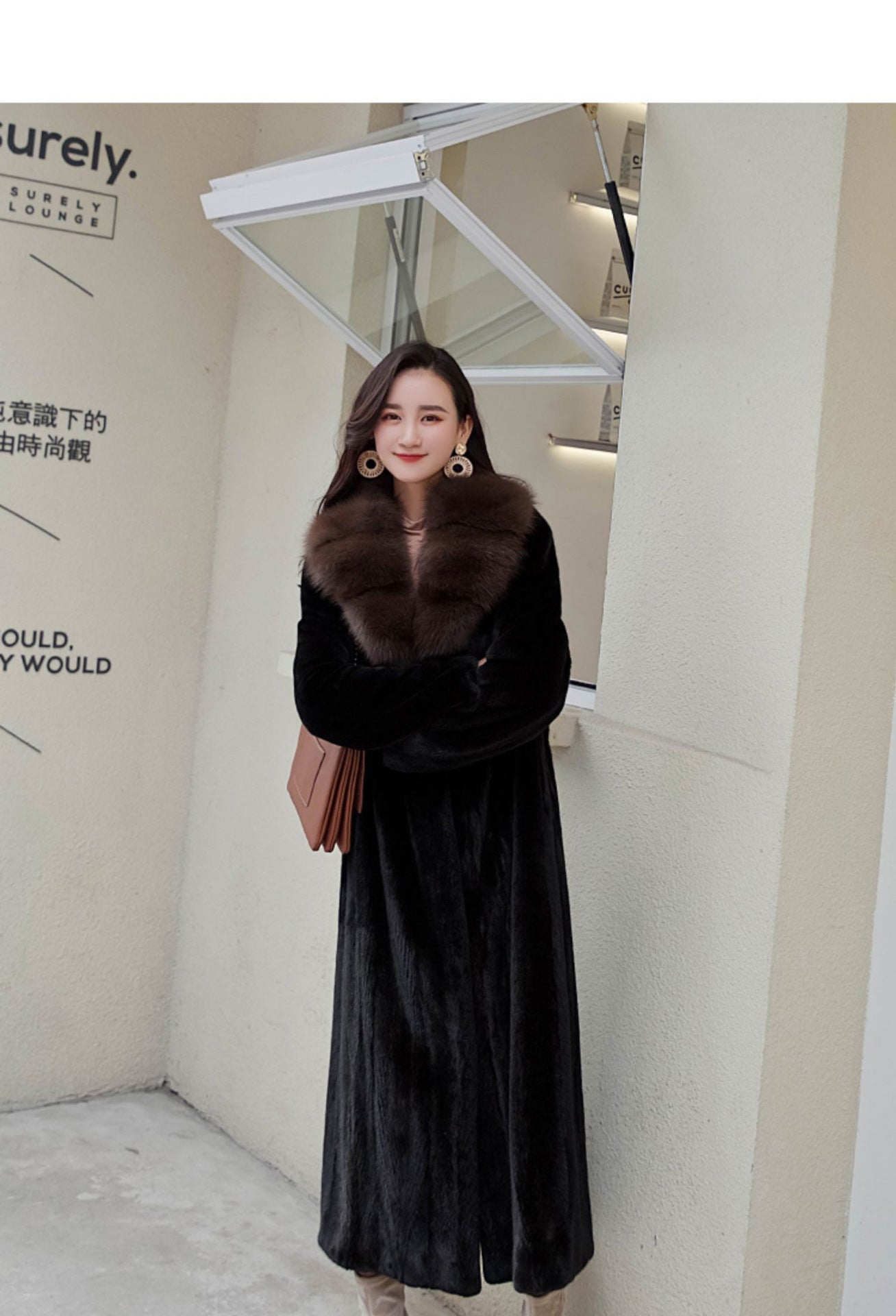 Women's Mink Fur Collar Faux Fur Coat