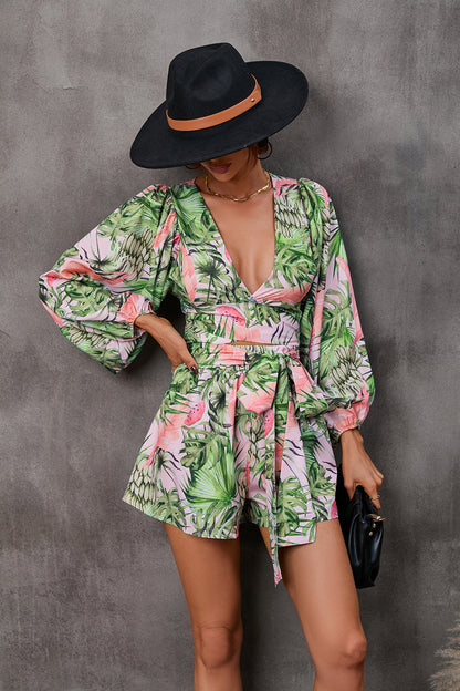Floral Print V-Neck Long Sleeve Shorts Jumpsuit