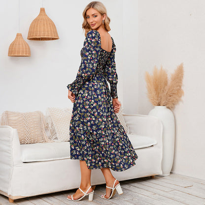 Women's Floral Print Square Neck Chiffon Dress