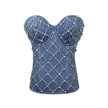 Vintage Diamond Studded Denim Corset Top