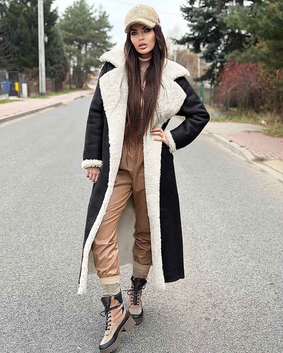 Women's Faux Leather & Fur Long Coat