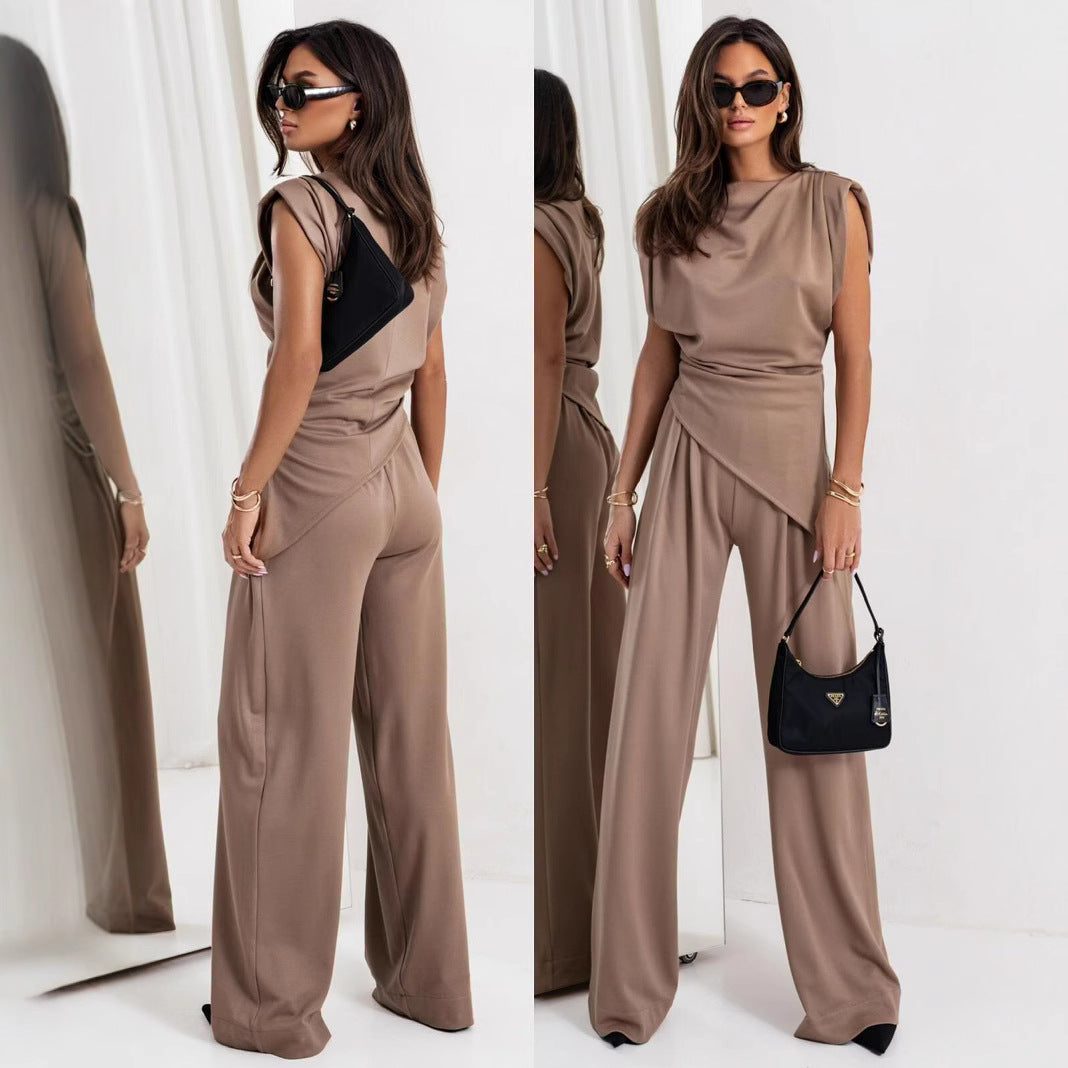 Summer Fashion Solid Color Asymmetrical Short Sleeve Set