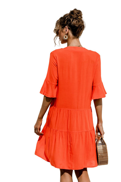 Women's V-Neck Flared Sleeve Tiered Contrast Panel Dress