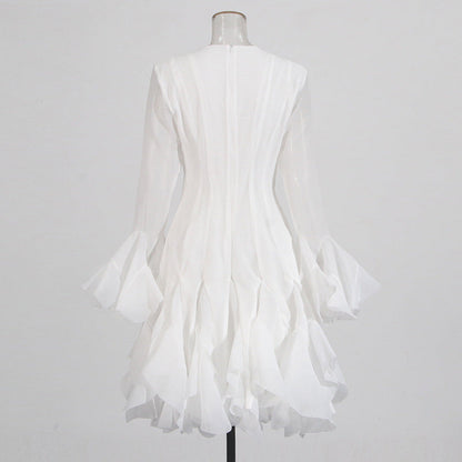 Designed Elegant Round Neck Patchwork Hem Flounce Midi Dress with Bell Sleeves