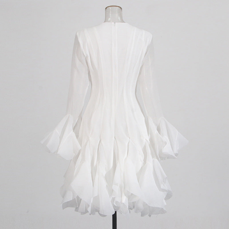 Designed Elegant Round Neck Patchwork Hem Flounce Midi Dress with Bell Sleeves