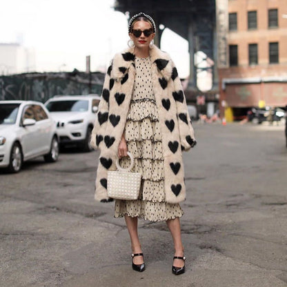 Women's Long Faux Fur Coat – Thickened Plush White Love-Design Winter Coat,