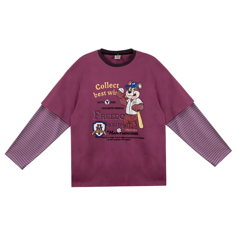Girlyhalo Retro Two-Tone Long Sleeve T-Shirt for Women-Purple-S-Free Shipping Leatheretro