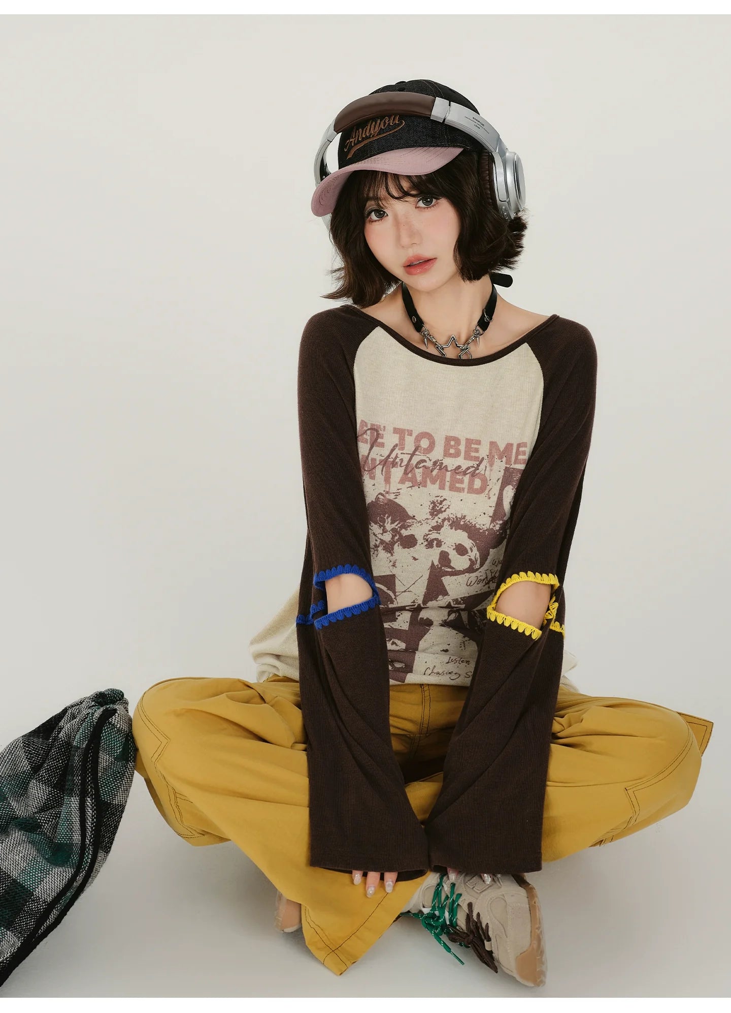 Girlyhalo Retro Print Color-Block Long Sleeve T-Shirt