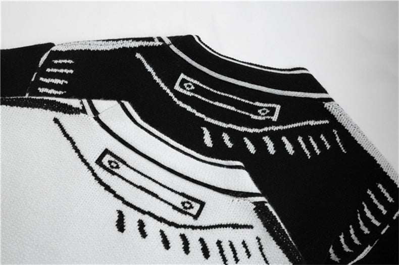 Oversized Black and White Graphic Doodle Knit Cardigan