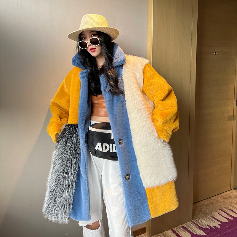Winter Faux Fur Jacket with Contrast Collar, Oversized Outerwear