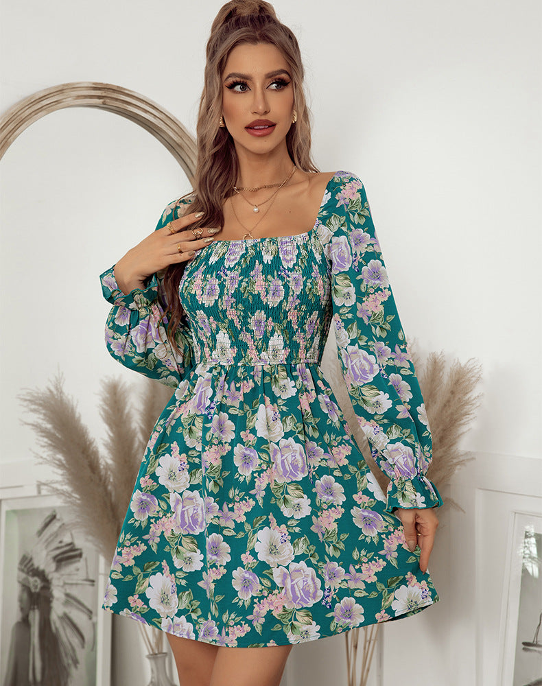 Sexy Square Neckline Floral Design Women Mini Dresses