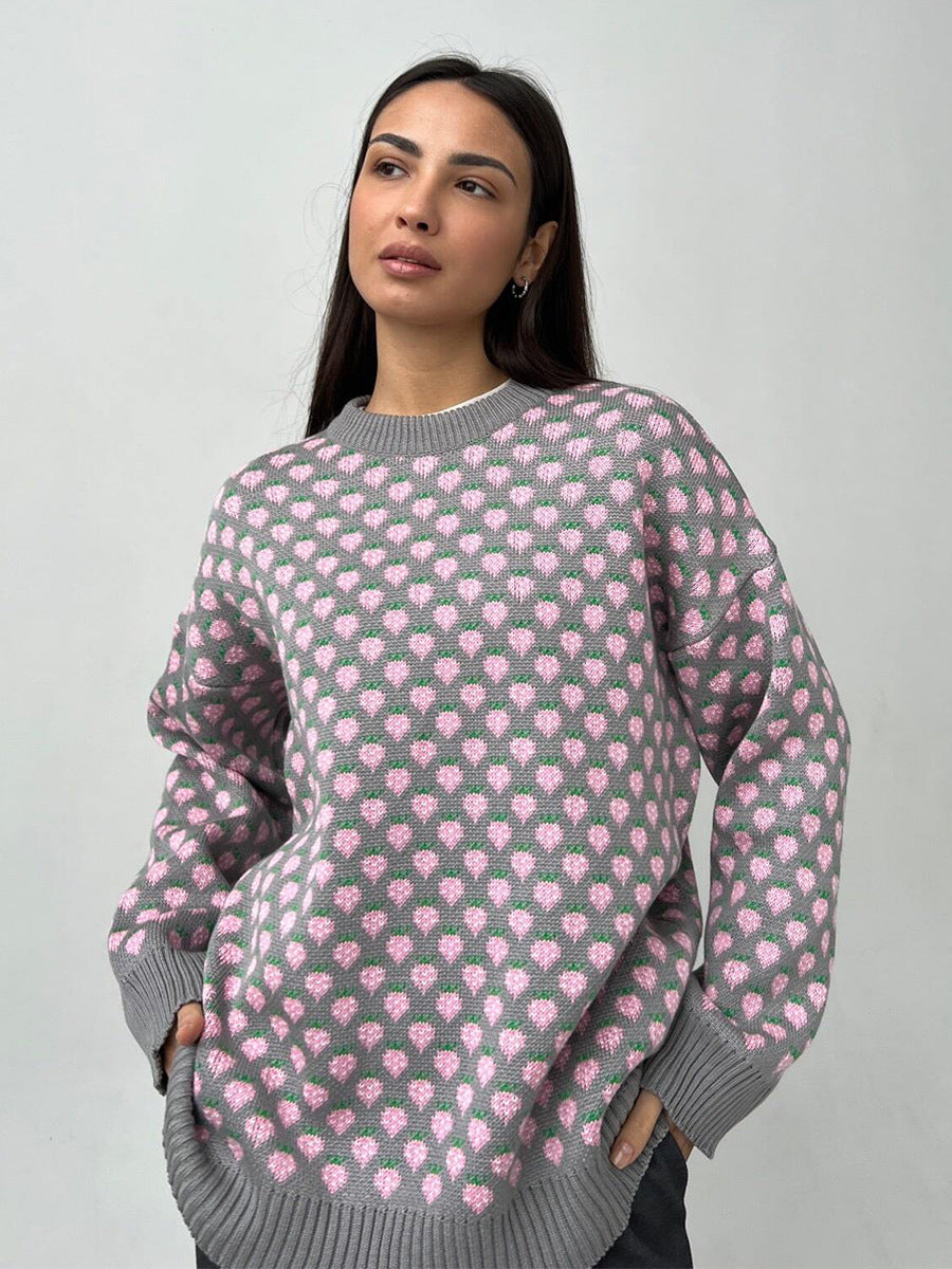 Oversized Strawberry Print Sweater