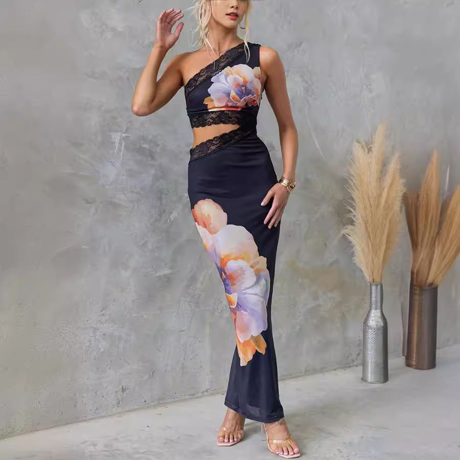 One-Shoulder Floral Lace Mesh Bodycon Dress