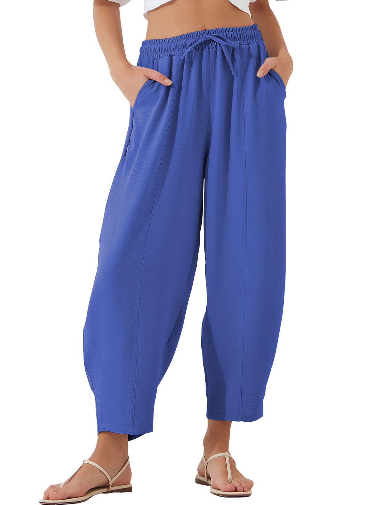 Women's Summer High-Waisted Loose Vacation Drawstring Casual Cropped Pants with Side Pockets