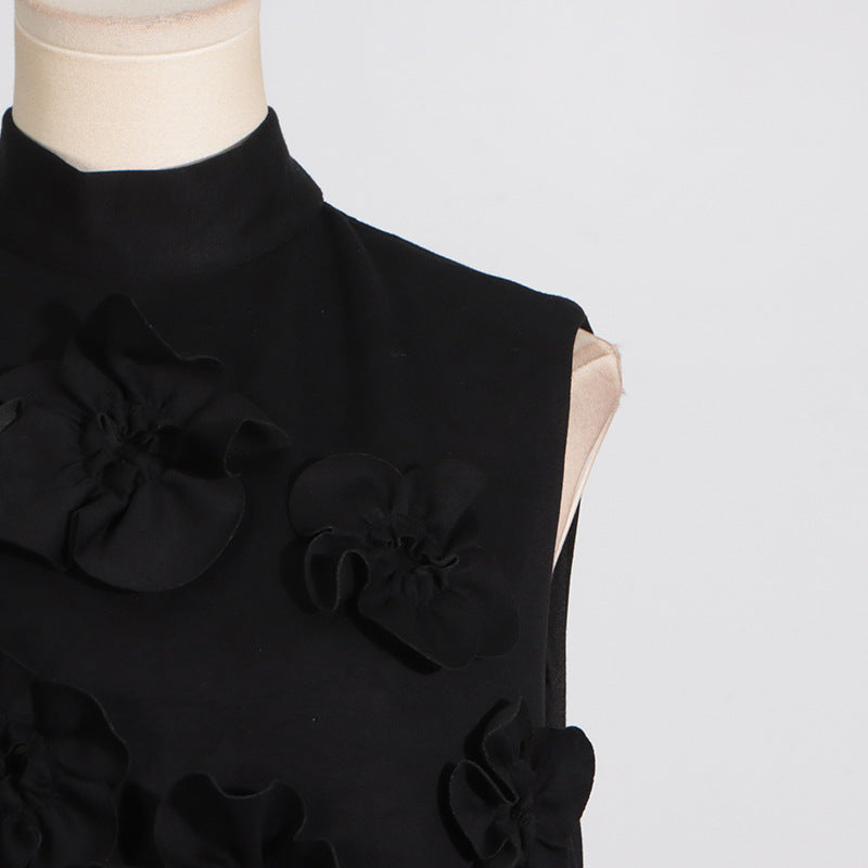 Retro Summer Stand Collar, Sleeveless Dresses with 3D Floral Details