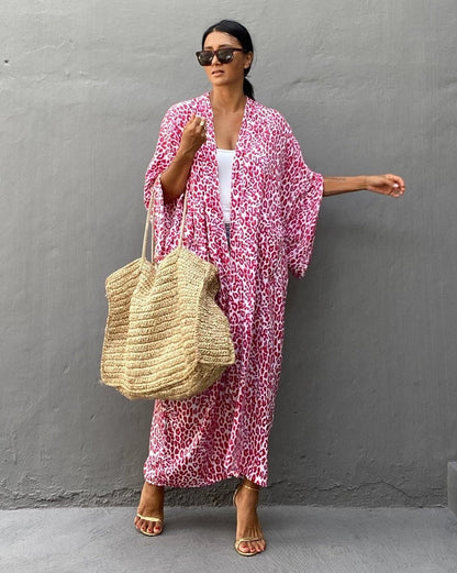 Leopard Print Long Kimono Cover-Up