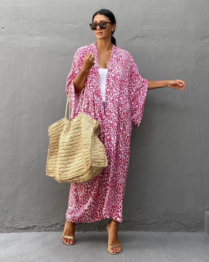 Leopard Print Long Kimono Cover-Up