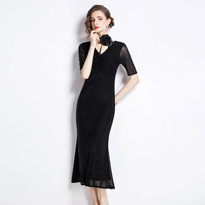 Luxury Designed Diamond 3d Flowers Black Long Dresses