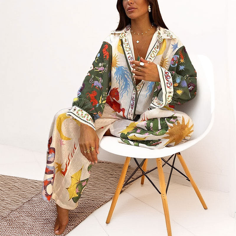 Women's Printed Round Neck Batwing Sleeve Top & Wide-Leg Pants Set