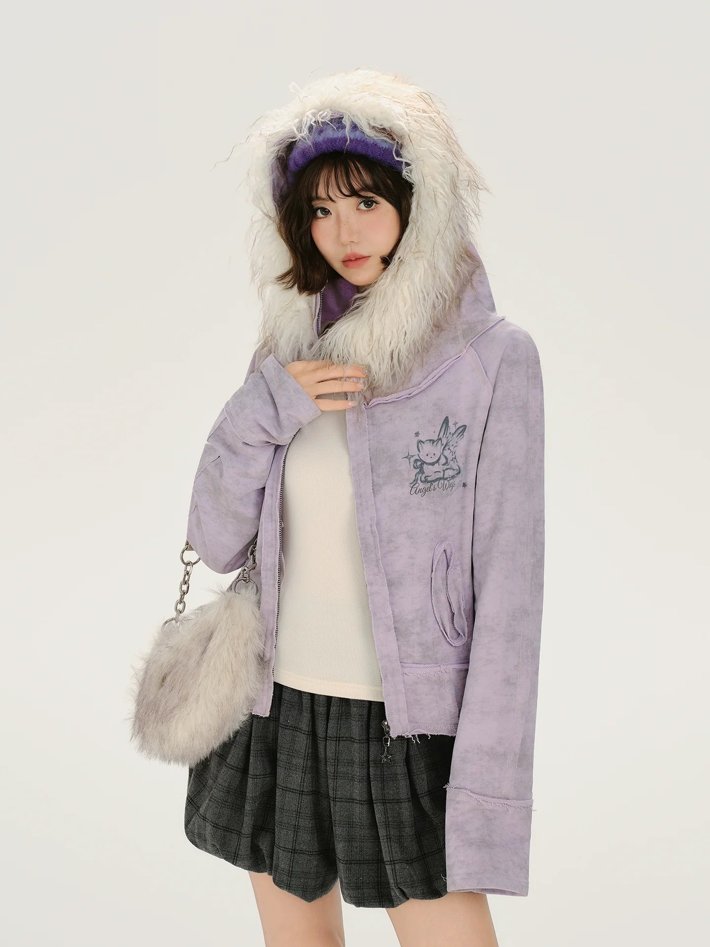 Girlyhalo Retro Tie-Dye Print Asymmetrical Design Women's Fall Coat with Fur Collar