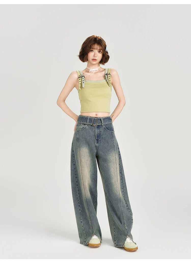 Girlyhalo Women's Vintage Washed Wide-Leg Jeans-S-Blue-Free Shipping Leatheretro