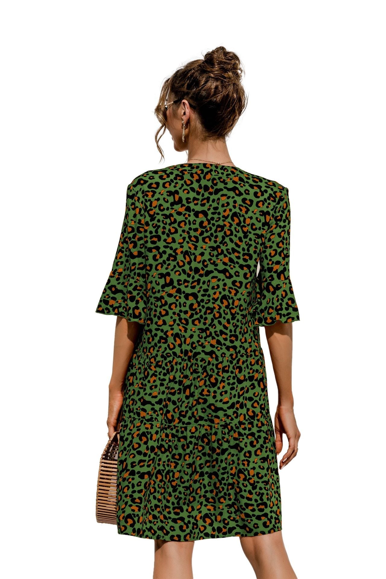 Women's V-Neck Flared Sleeve Tiered Contrast Panel Dress