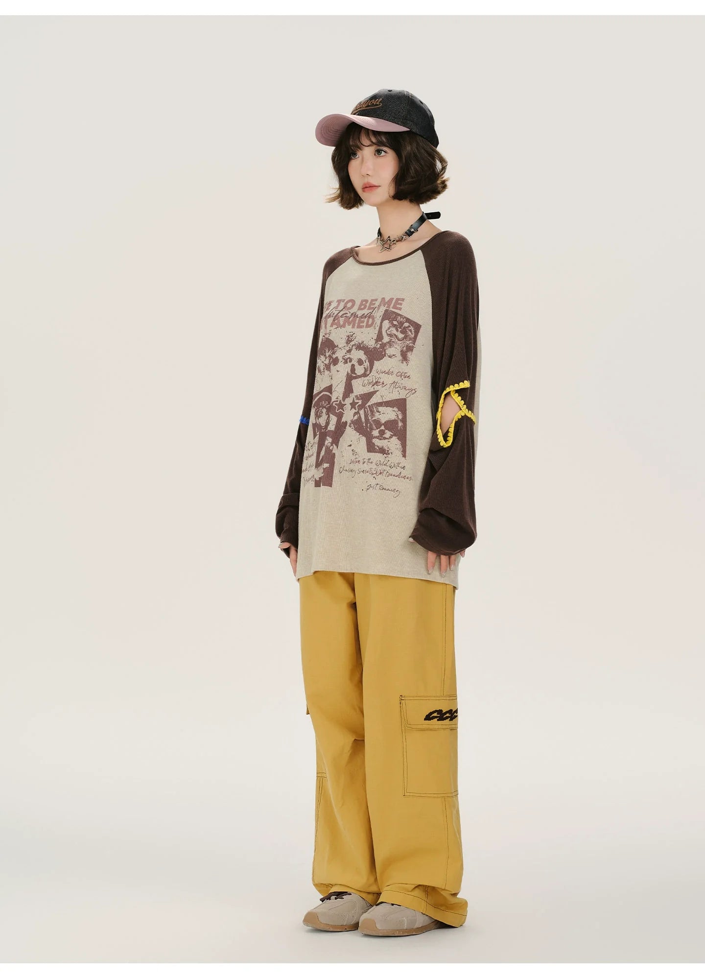 Girlyhalo Retro Print Color-Block Long Sleeve T-Shirt