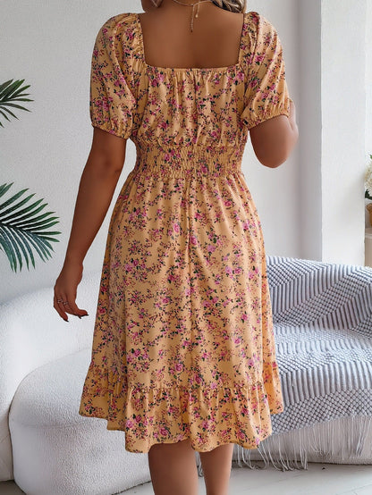 Floral Print Square Neck Short Sleeve Wrap Waist Ruffle Hem Dress