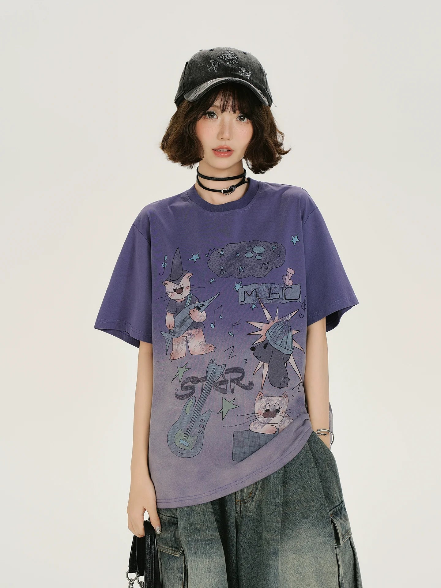 Girlyhalo Vintage Washed Purple Gradient Short Sleeve T-Shirt