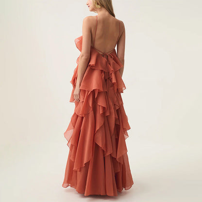Elegant High-Society Style Dress – Off-Shoulder Backless Maxi Dress with Layered Hem