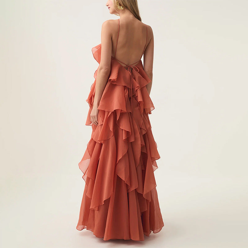 Elegant High-Society Style Dress – Off-Shoulder Backless Maxi Dress with Layered Hem