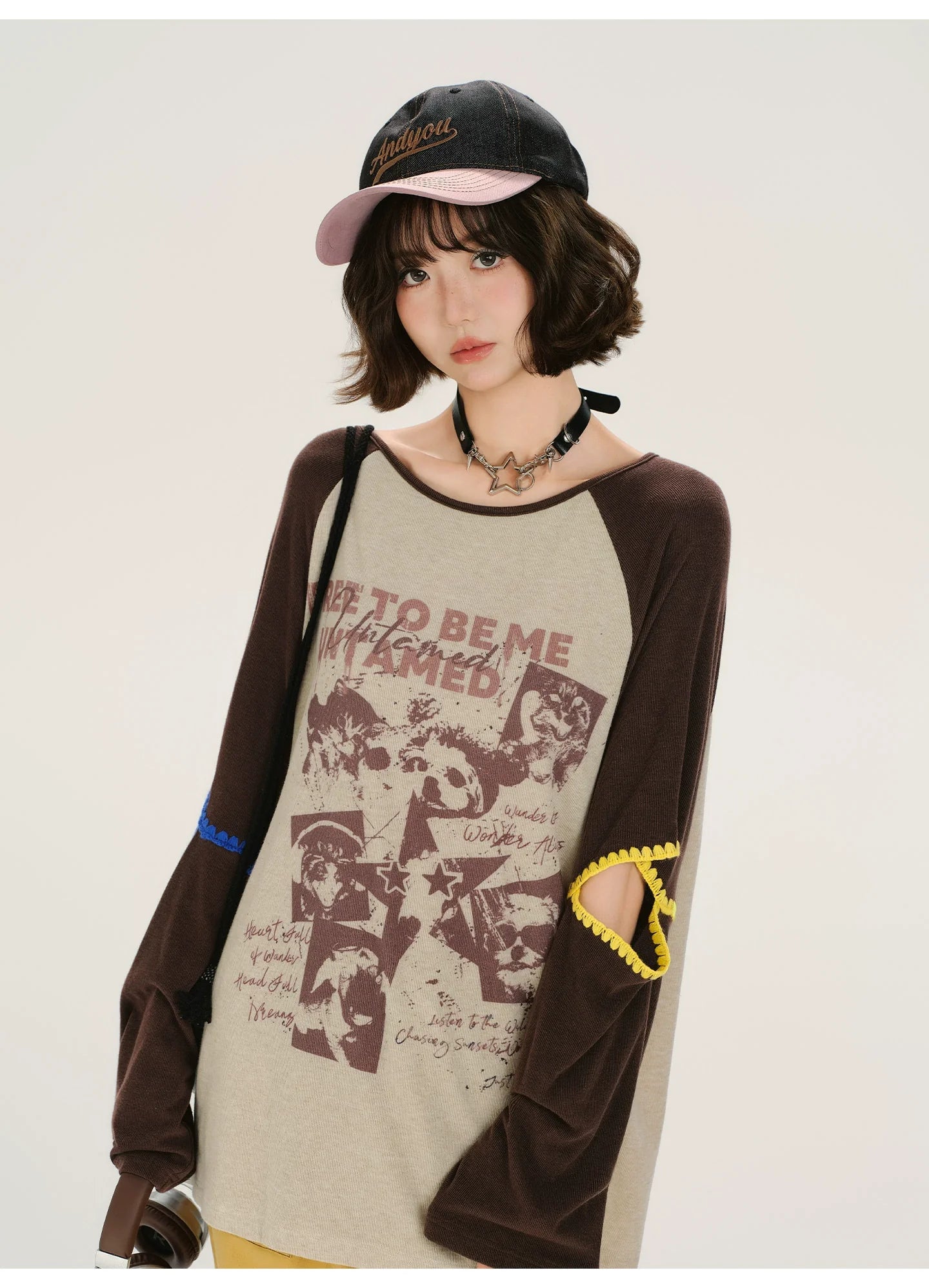 Girlyhalo Retro Print Color-Block Long Sleeve T-Shirt