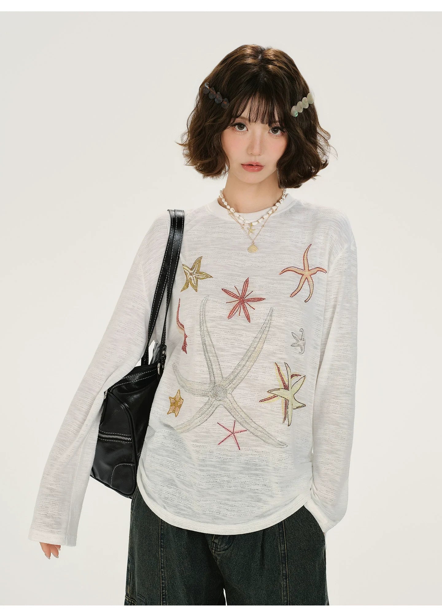 Girlyhalo Retro Print Rhinestone Long Sleeve T-Shirt