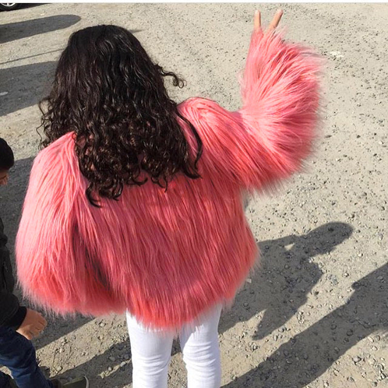 Women Long Sleeve V-Neck Faux Fur Jacket